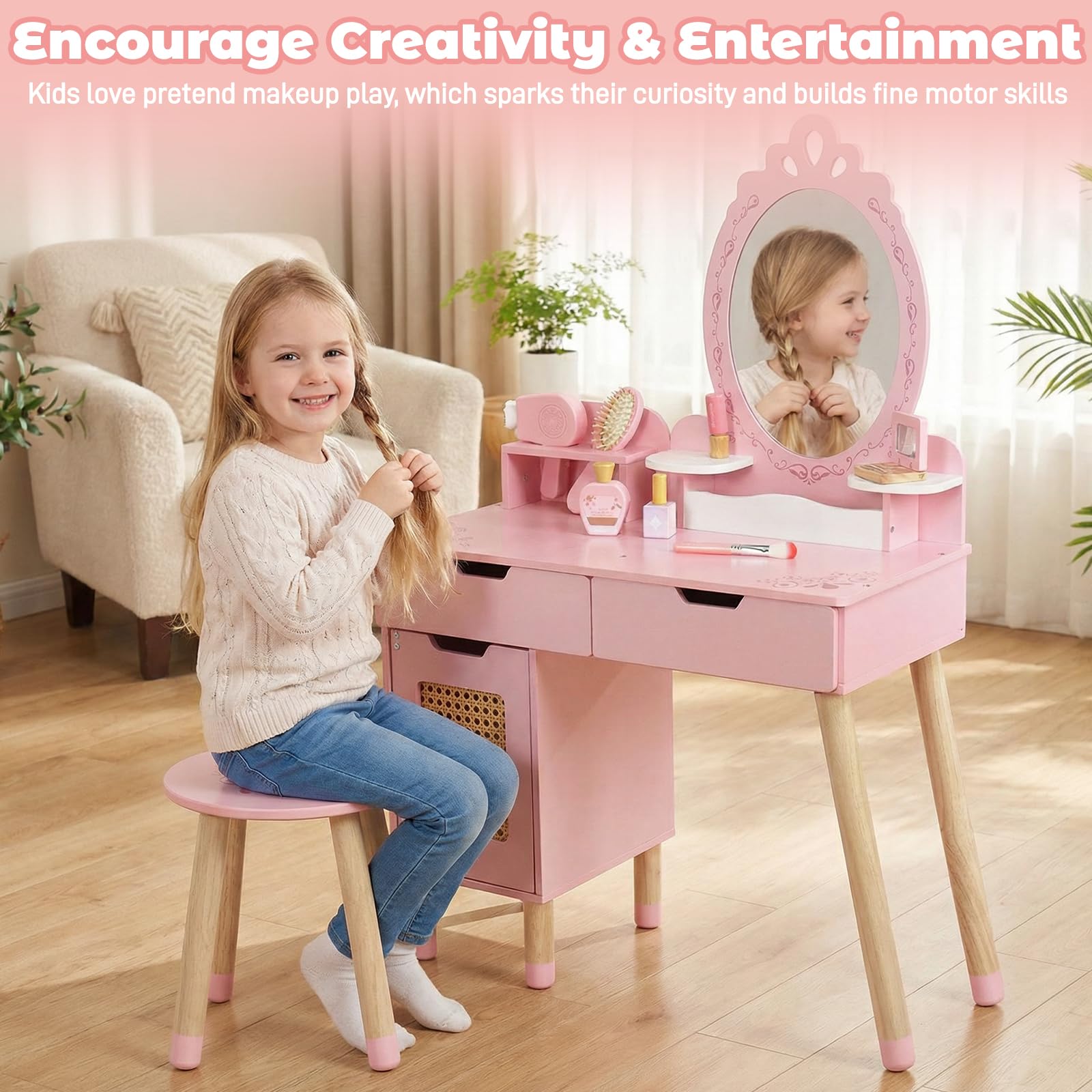 WOODENFUN Rosa Retro Palissaden Prinzessin Schminktisch für Kinder mit Hocker, Schublade, Make-up-Set, multifunktionaler hölzerner Gitter Schminktisch für Kindergeburtsgeschenk