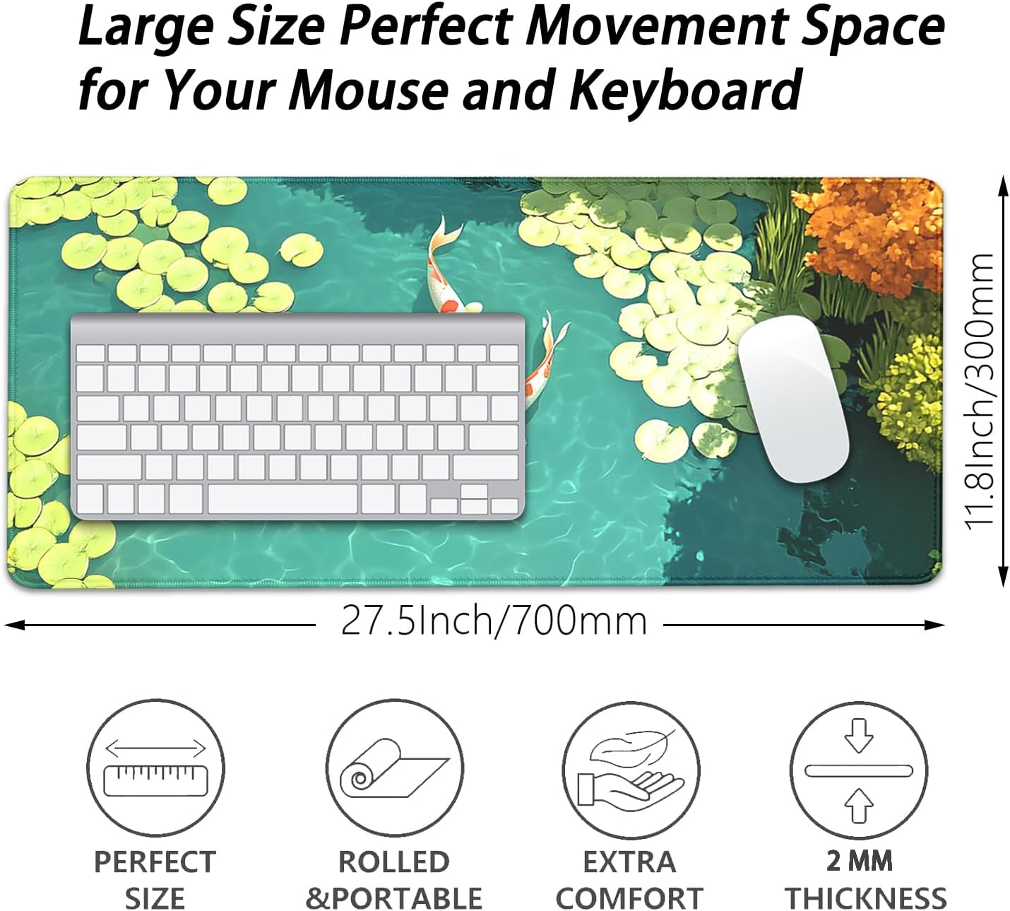 Koi Carp Fish Desk Pad Mouse Pad,Large Gaming Mouse Mat with Stitched Edges,Non-Slip Rubber Base Mousepad for Office PC Keyboard Laptop and Home Work Desk Mat(27.5X11.8 in) - Image 3