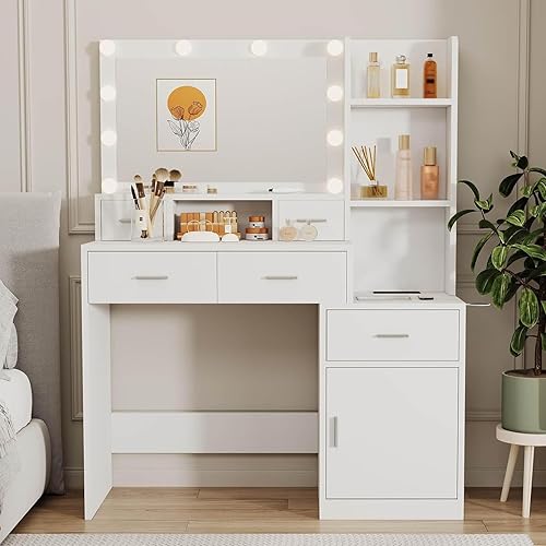 Miniatura 6 de Escritorio de tocador con luces, juego de mesa de tocador de maquillaje con 5 cajones, tocador de maquillaje blanco con espejo iluminado, 3 modos de