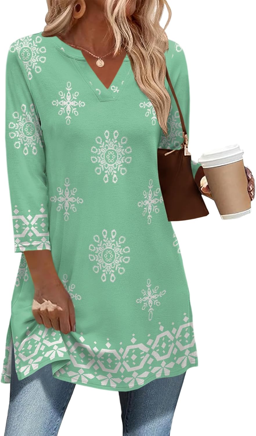 Ivicoer 3/4 Length Sleeve Womens Tops Dressy Casual Plus Size V Neck Tunics to Wear with Leggings Side Slit Shirt