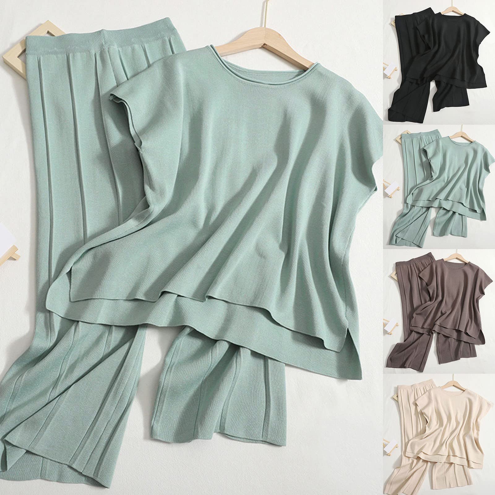 Ensemble Femme Pantalon Et Haut Chic Tailleur Lin Printemps Décontracté Combinaison Respirant Ensembles Survetement Loungewear Deux Pièces pour Été Gilet Manches Longues Large en Tricot Élégant