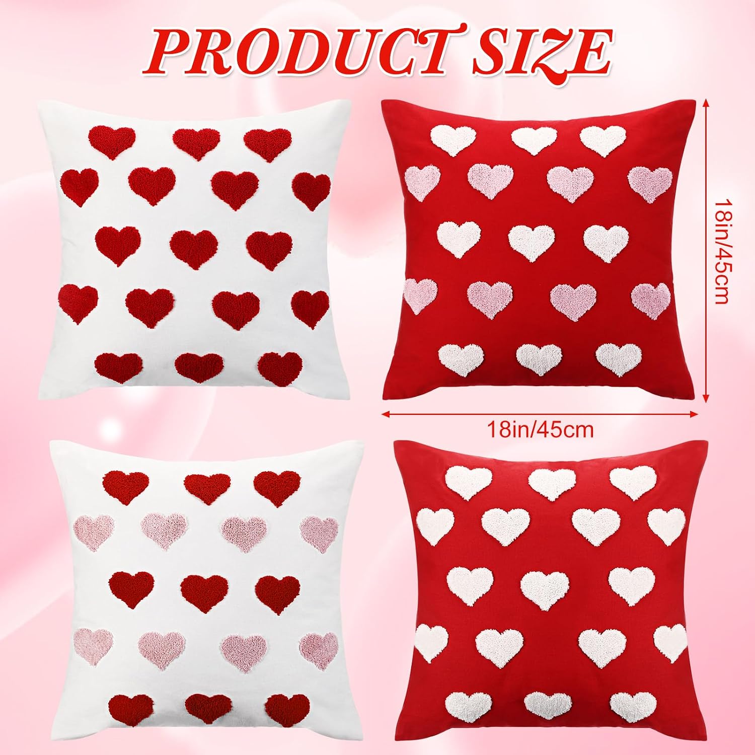 Colingmill 4 Pcs Valentines Heart Pillow Covers 18'' x 18'' Love Heart Pillow Cushion Case Valentine Decorative Cases Decoration for Sofa Home Decor(Romantic Color)