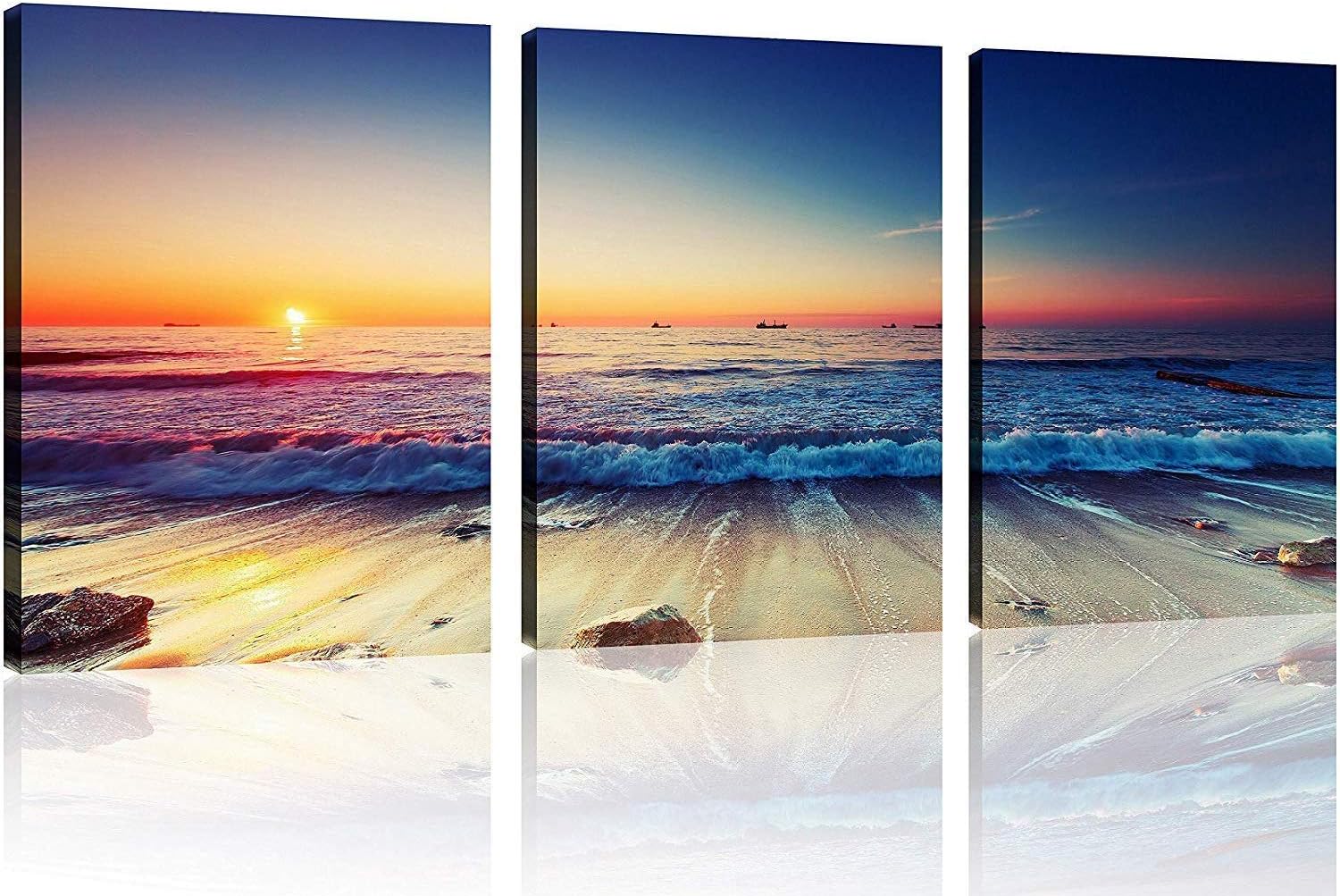 TutuBeer 3 Panels Beach Home Beach Decor Sea Wall Art for Home White Ocean Sea Sunrise with Deep Blue Sky Ocean Pictures Seascape Art for Wall Seascape Art 12" x 16" x 3 Pieces 3 PCS/SET 12x16inchx3 Framed BEACH THREE