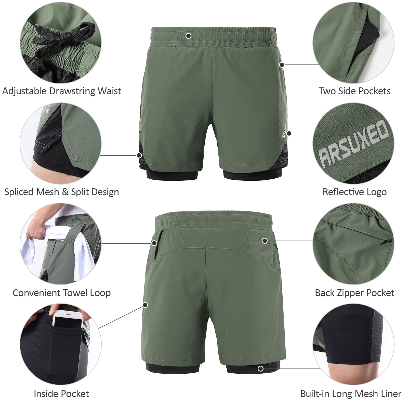 Doorslay Short Course 2 En 1 Homme - Short Sport Gym Jogging Avec Poches Et Doublure