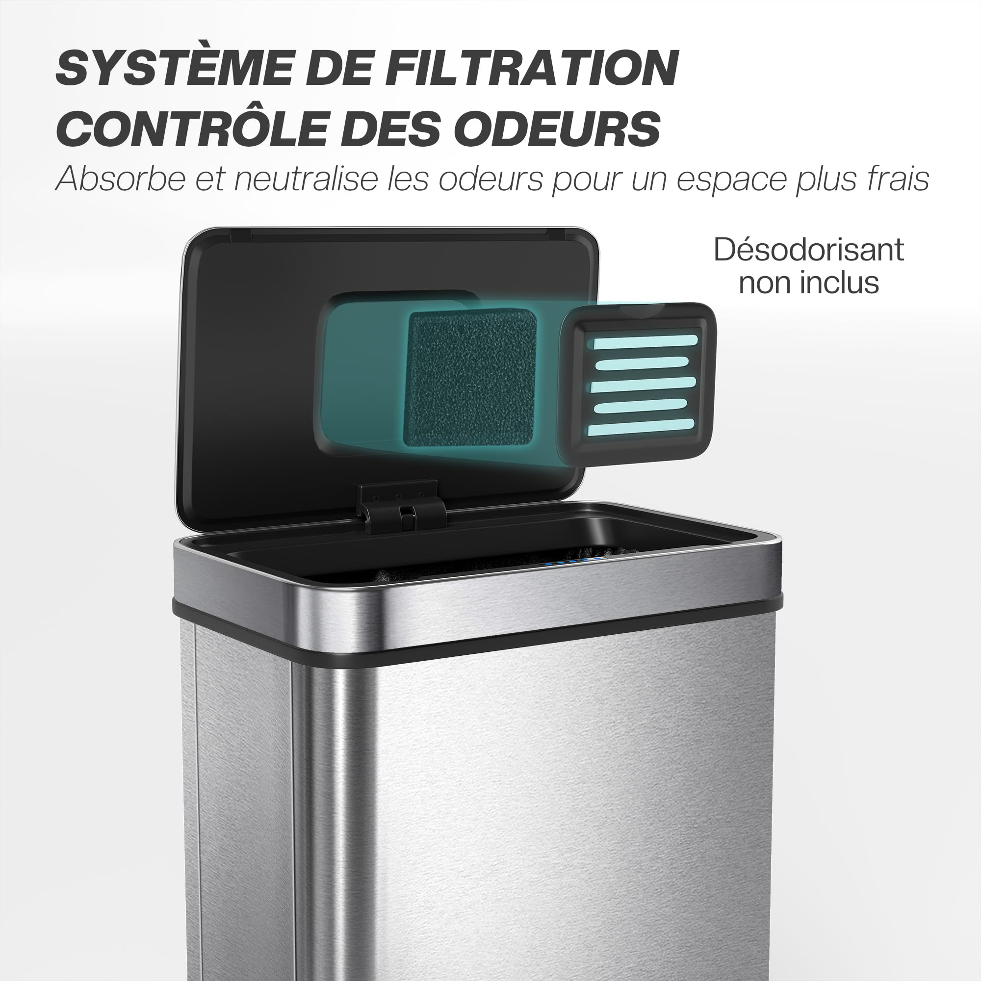 HOMCOM Poubelle à Capteur 50 L, Couvercle à Fermeture Douce Argenté | Poubelle de Cuisine Automatique sans Contact, en Acier Inoxydable Anti-Traces, pour Cuisine, Maison, Bureau