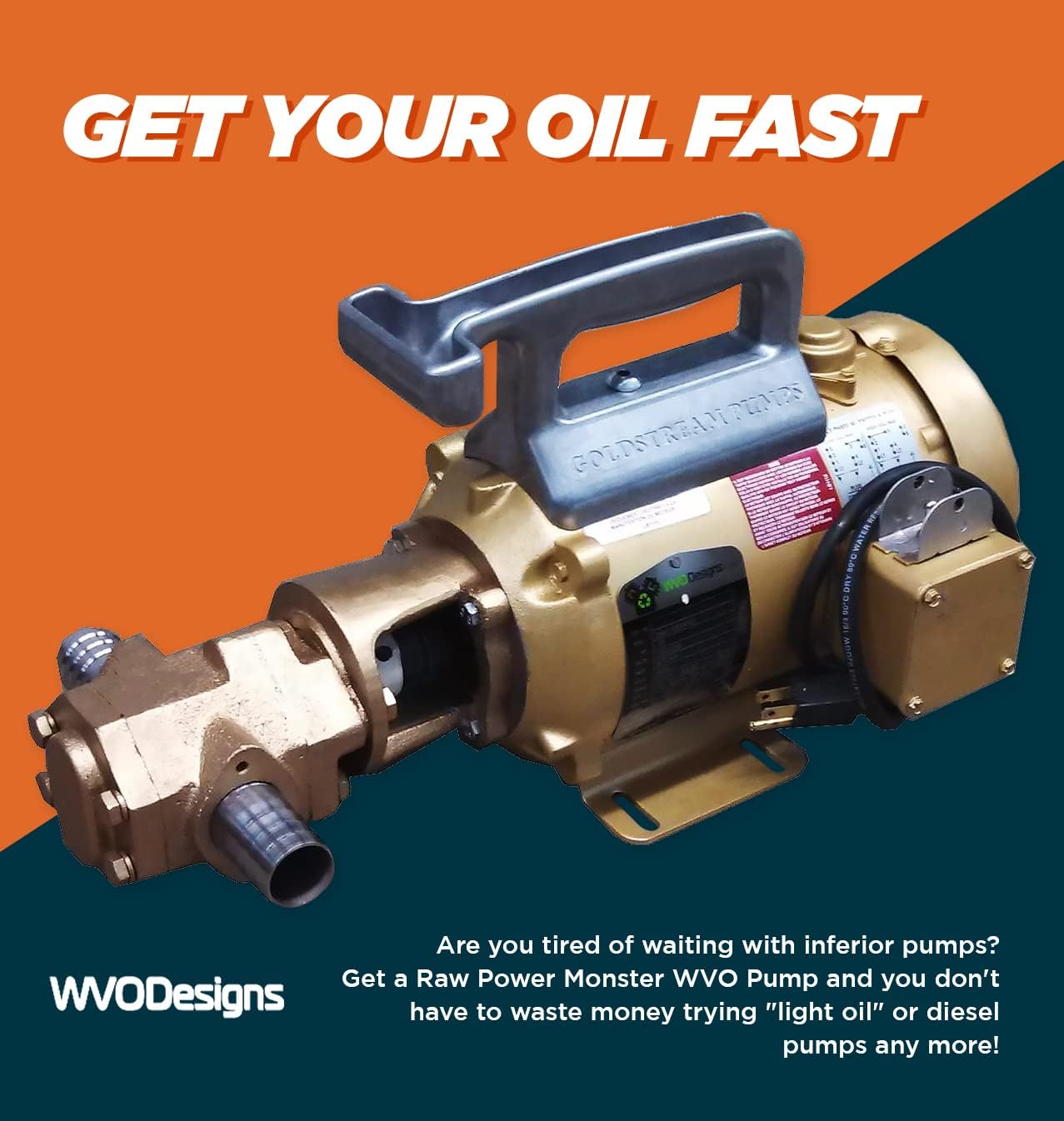 Goldstream Pumps WVO Designs 25gpm Portable Oil Pump, Insanely Fast Pump, Upgraded to Custom US Made Baldor Motors with Viton Seals on Pump Heads