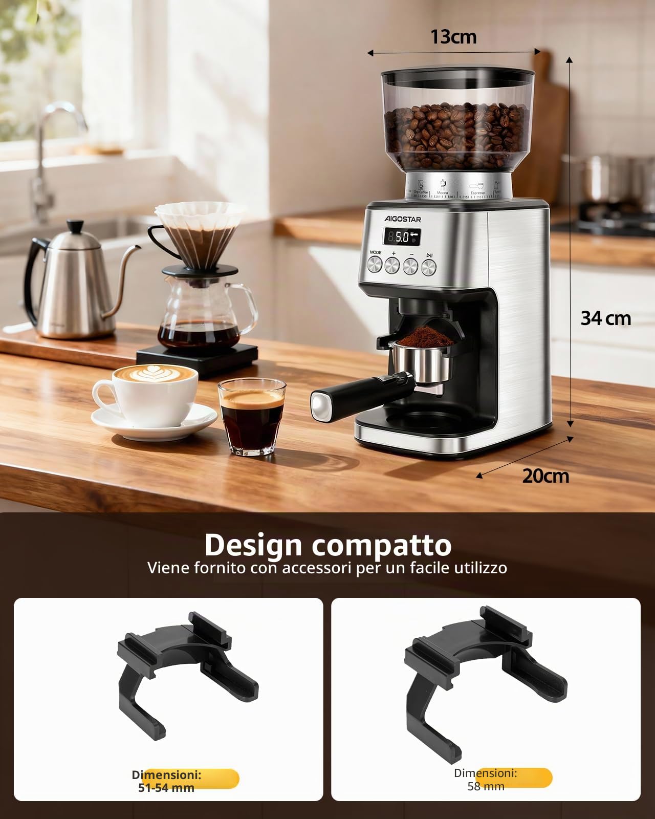 Aigostar Macina Caffe' Elettrico a Cono, 52 Impostazioni di Macinatura, Macinacaffè Elettrico per Caffè Espresso, Macina Caffè Professionale con Display Digitale Preciso, Acciaio Inossidabile, Argento