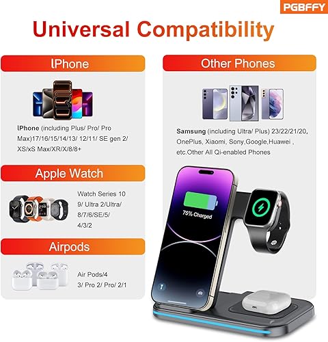 Miniatura 3 de Estación de carga 3 en 1 Cargador inalámbrico Soporte de carga plegable para múltiples dispositivos con cargador rápido para lPhone 16151413 Pro Max