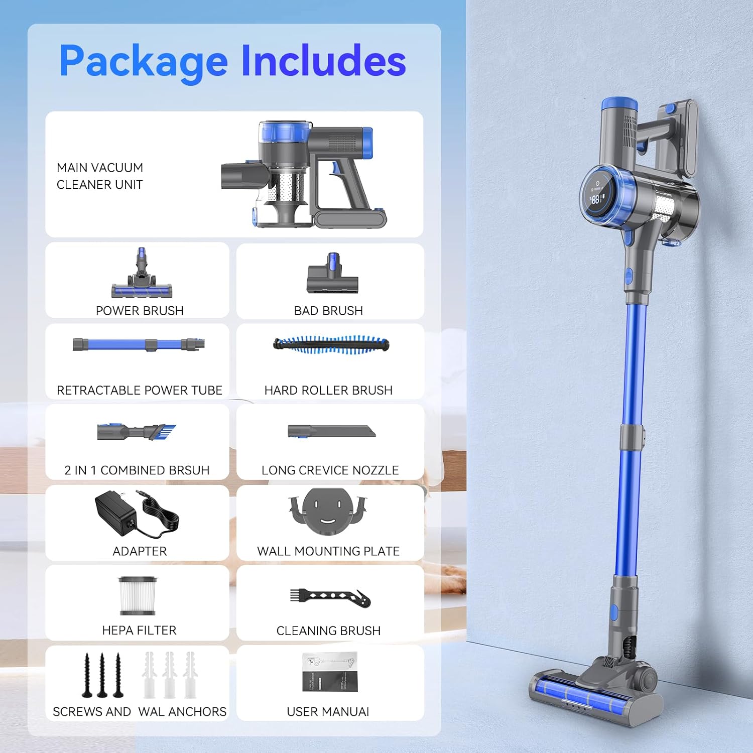 Cordless Vacuum Cleaner, 10 in 1 Powerful Suction Lightweight Vacuum Cleaner for Home, 45Mins Detachable Battery with LED Display Self-Standing Stick Vacuum for HardFloor/Carpet/Pet Hair