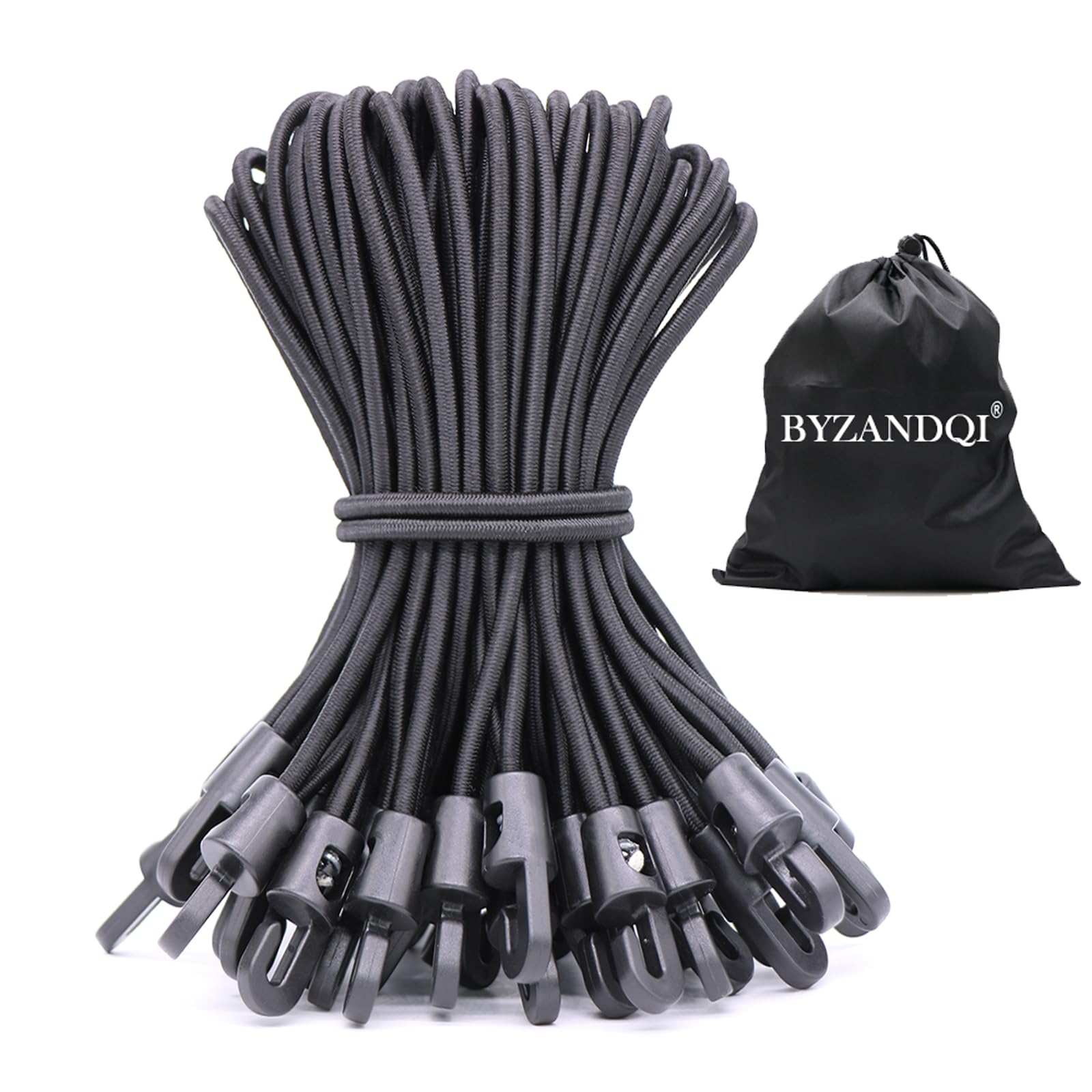 BYZANDQI Bungee Cords with Hooks 50 Pcs 8 Inch Elastic Bungee Ropes with Hooks - Short Tarpaulin Hooks - Small Bungee Rope (Black)