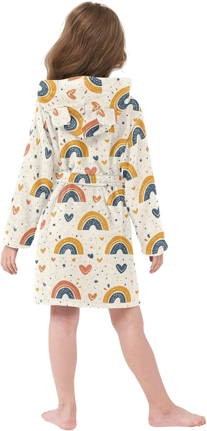 Retro Hearts and Rainbows Toddler Hooded Bathrobe for Boys Girls Soft Plush Bath Towel Robe 2-12 Years