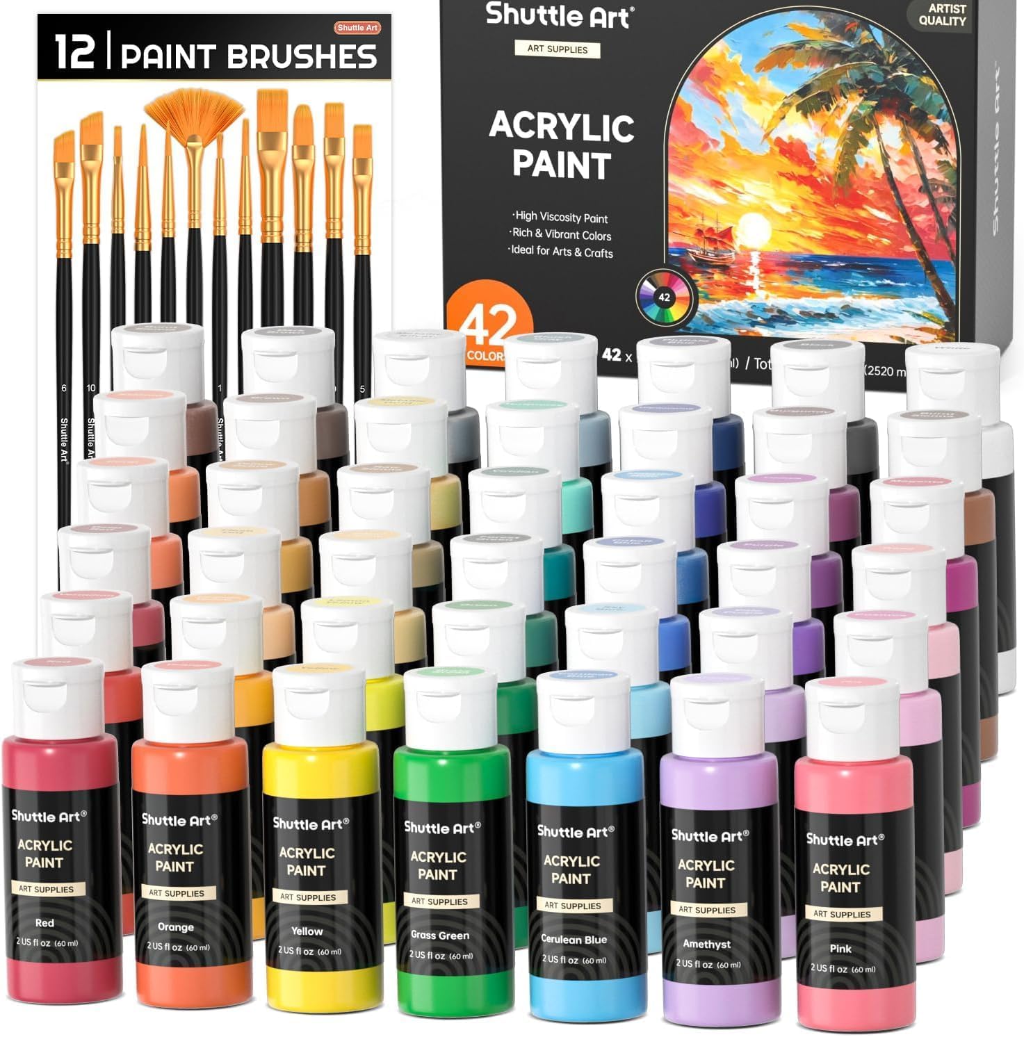 Shuttle Art Acrylic Paint 42-Color Set with 12 Brushes Included, Large Capacity 60ml, Quick-Drying, Water-Resistant, Durable, Excellent Flow, Vibrant, Metallic Bottles, for Illustration, Coloring