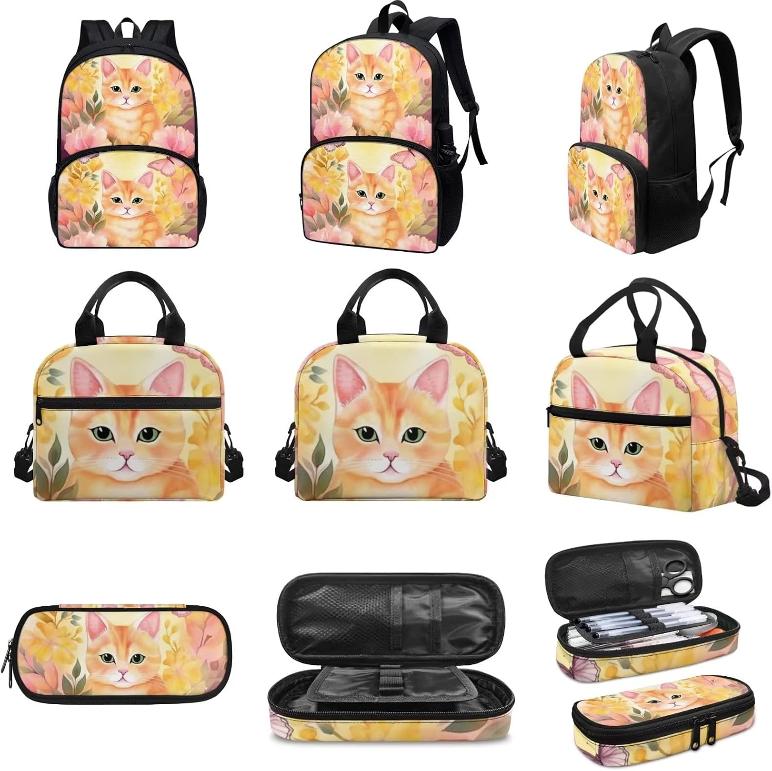 Cute Cartoon Cat Backpack, Kids Backpack Set of 3, Insulated Lunch Tote And Pencil Case Stationery Bag