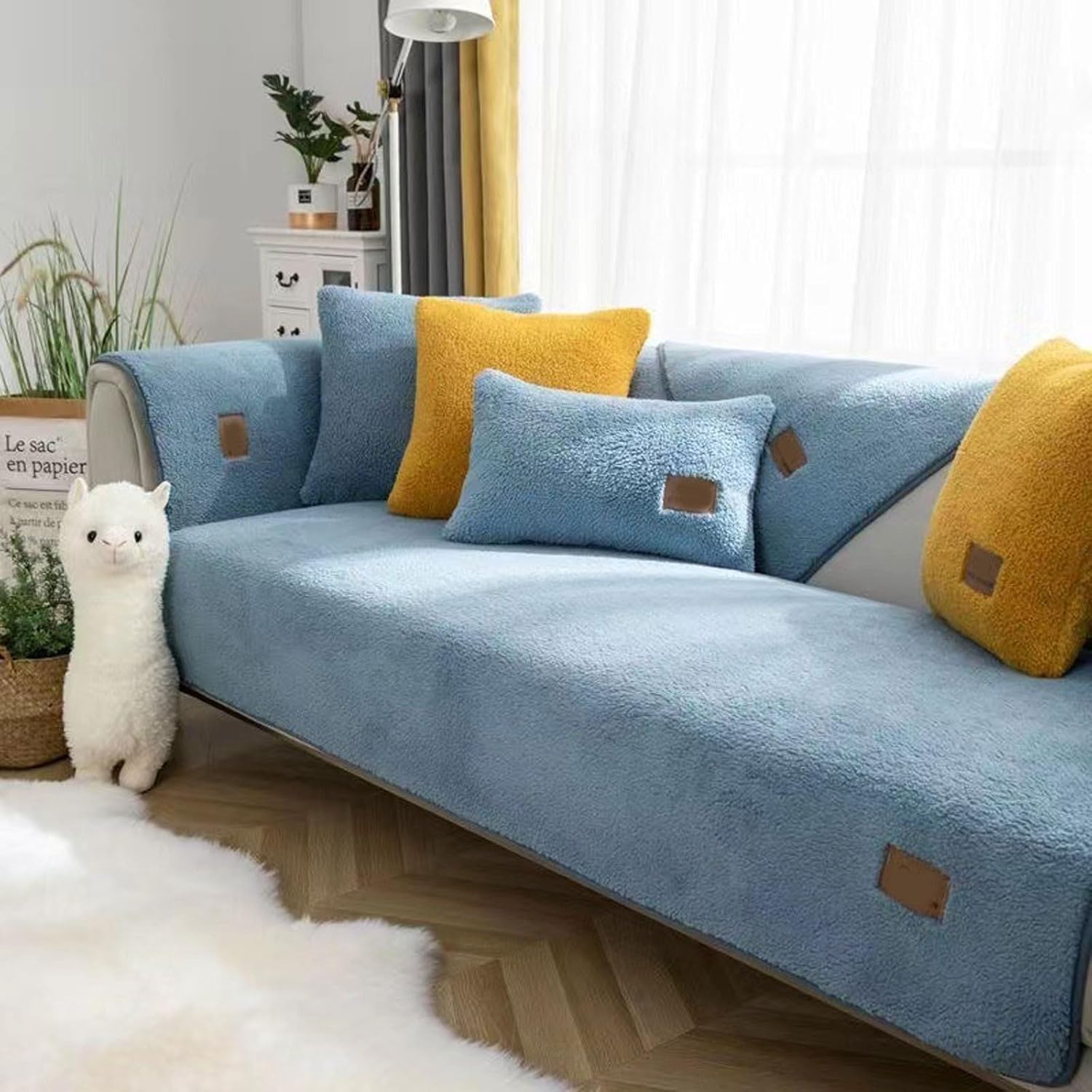 Sherpa Fleece Sofa Cover 1 2 3 Seater Super Soft Funny Fuzzy Couch Covers Non-Slip Sectional Slipcover L Shape Furniture Protector for Kids, Pets(Blue,110 * 210cm)