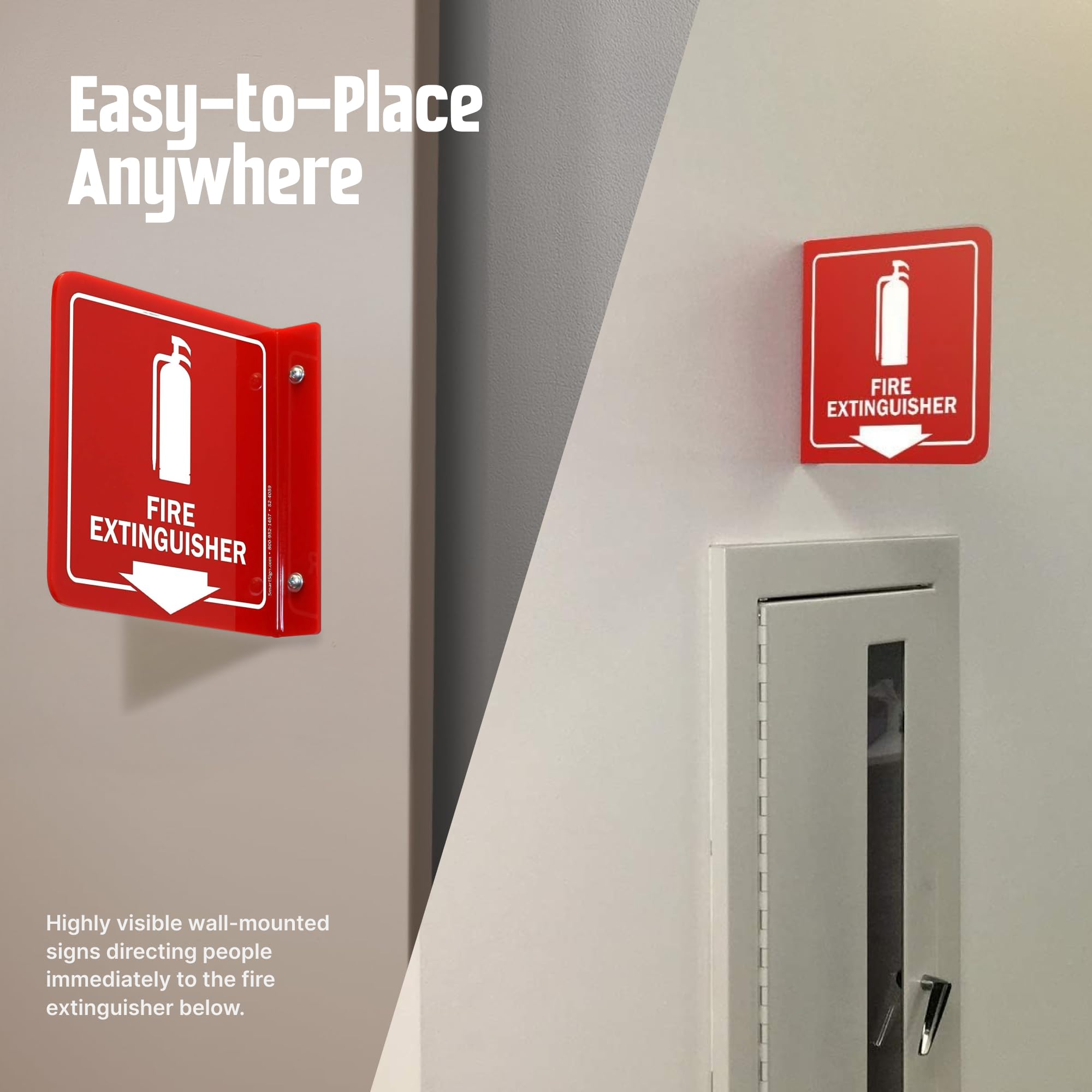 SmartSign Letrero de proyección de extintor de incendios, 6 x 6 pulgadas, acrílico pulido de dos caras para montaje en pared con flecha hacia abajo, blanco sobre rojo, fabricado en Estados Unidos