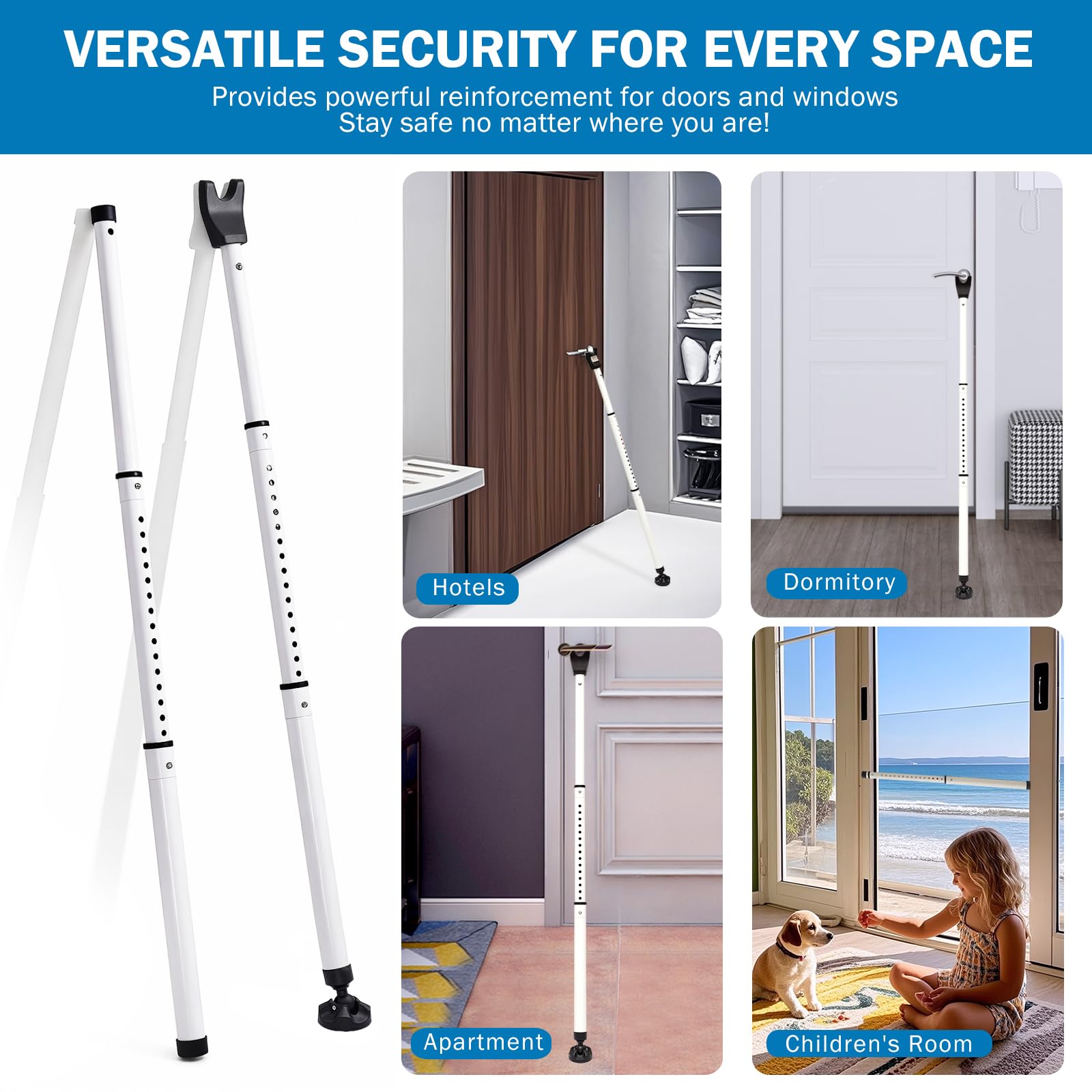 Barra di sicurezza per porta scorrevole resistente, regolabile, 58,4 - 119,4 cm, blocco di sicurezza per casa e viaggi, con base antiscivolo a 360°, per tutti i pavimenti, dispositivi di sicurezza per