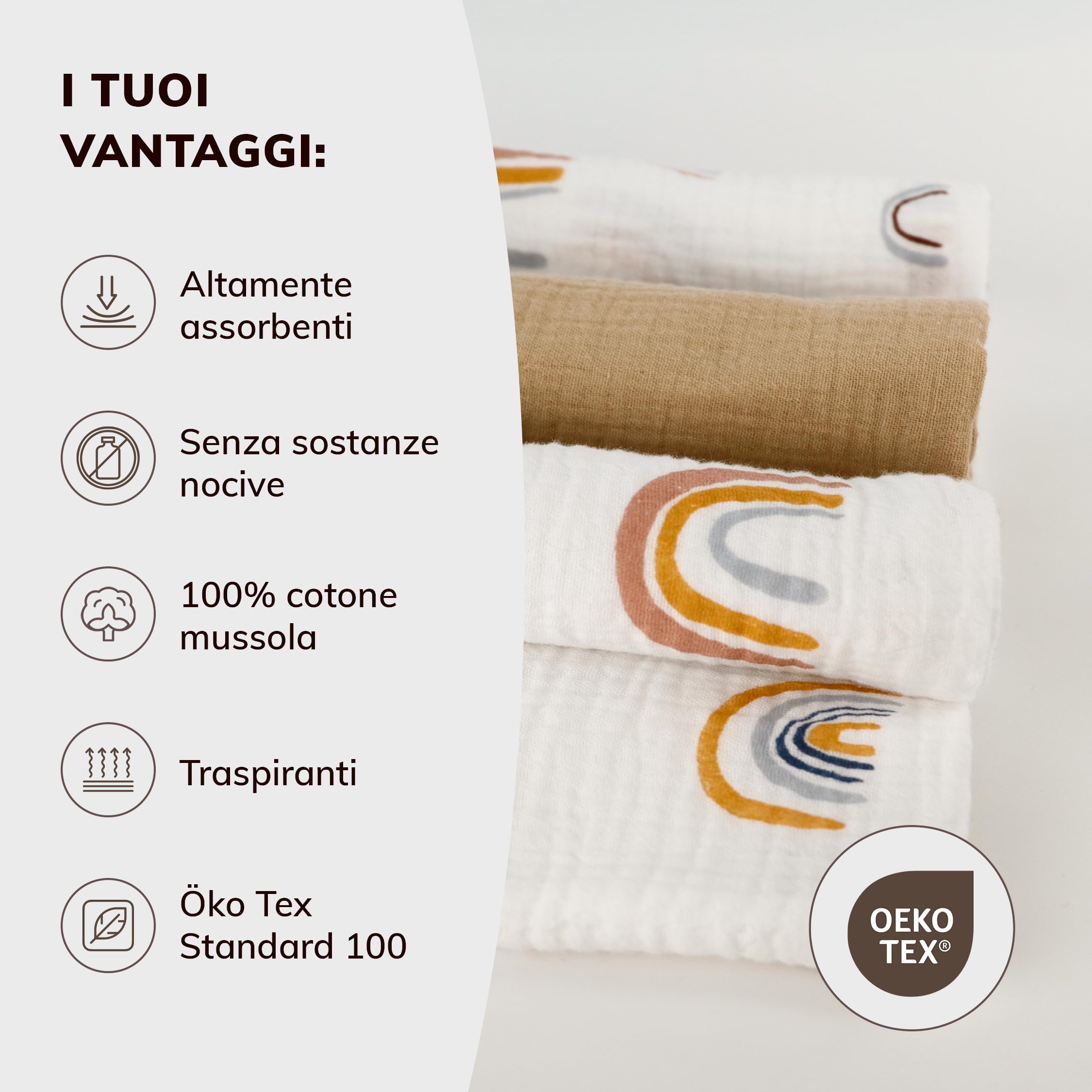 6 Quadrati In Mussola Di Cotone 100% Naturale 70x70 Cm – Multiuso: Copertina, Asciugamano, Panno Per Neonato – Unisex Retrò