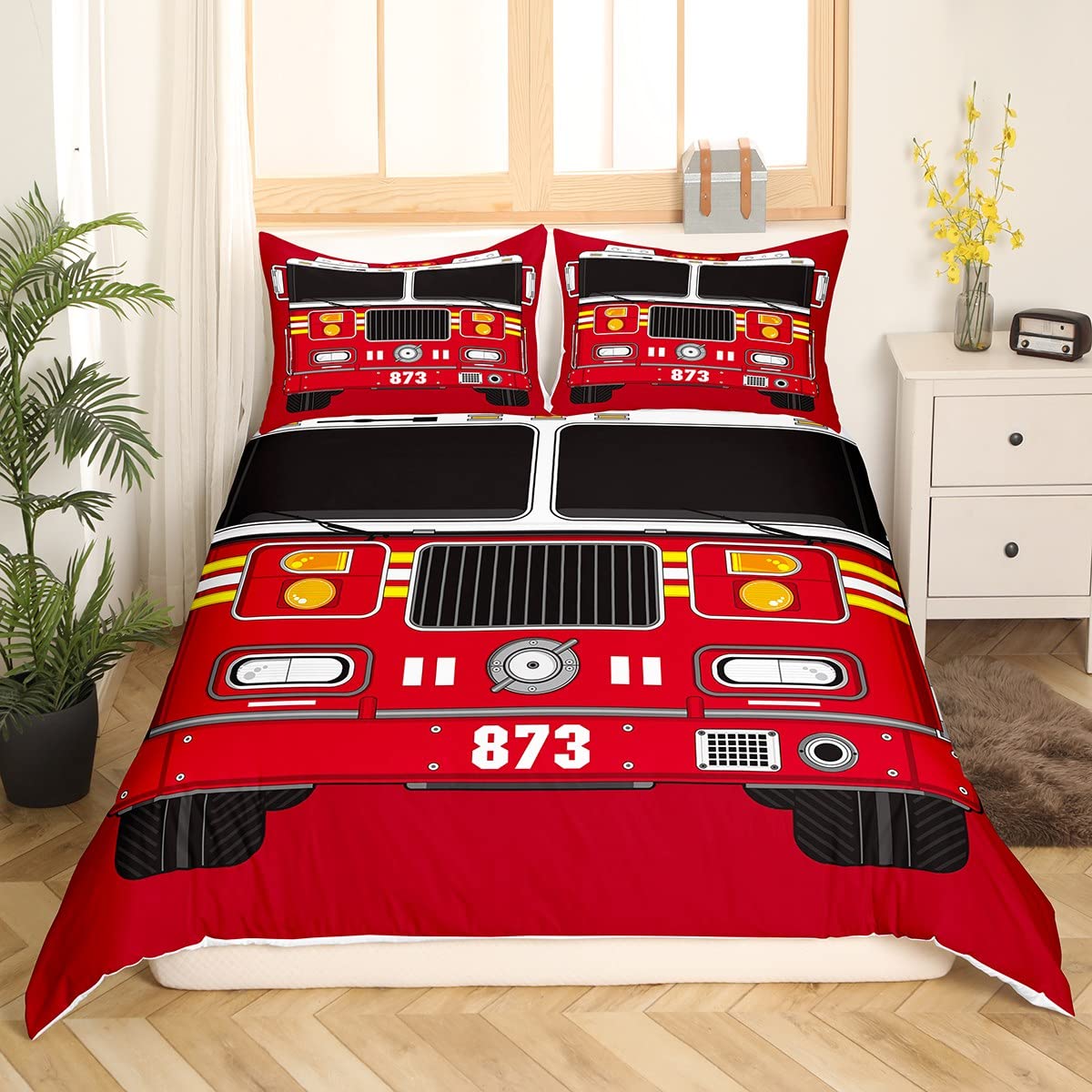 Manfei Fire Truck Duvet Cover Set King Size, Red Fire Engine Comforter Cover with 2 Pillowcases - Image 3