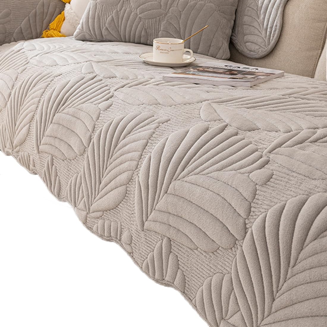 Housse de canapé gris motif feuilles 110x110cm en tissu moelleux doux