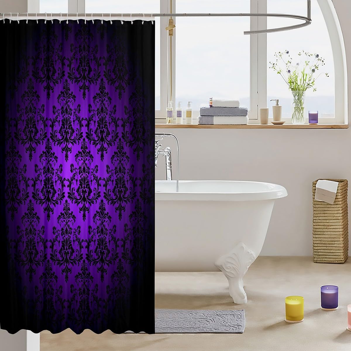 Castle Fairy Vintage Black Purple Bath Curtain,Gothic Damask Lace Pattern Shower Curtain for Stalls,Bohemian Victorian Baroque Floral Waterproof Accessorieswith with 12 Hooks, 72Wx78L inch