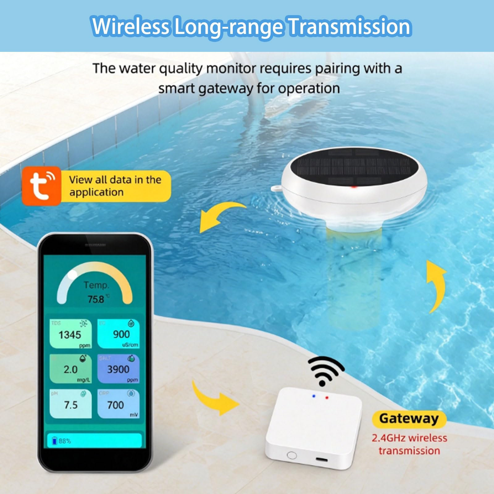 Testeur d'eau de piscine, testeur solaire flottant intelligent 7 en 1 avec exportation de données et alarme pour piscines, jacuzzi et spas