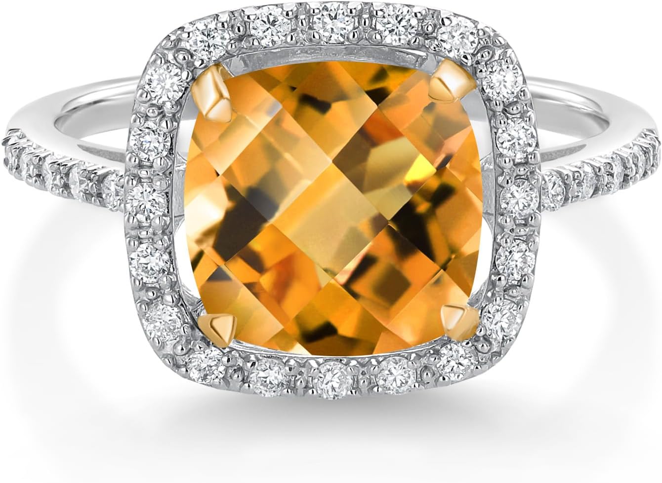 Gem Stone King 925 Sterling Silver and 10K Yellow Gold Citrine and Lab Grown Diamond Halo Engagement Ring for Women | 2.21 Cttw | Cushion Checkerboard 8MM | Wedding Anniversary Ring For Women
