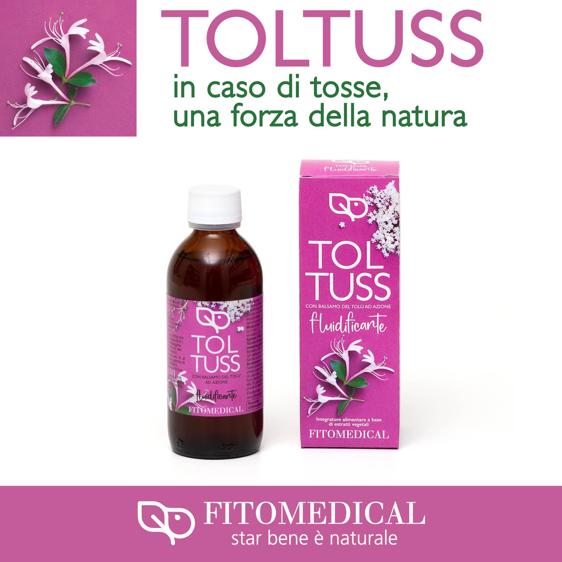 Fitomedical - Toltuss Fluidificante, Integratore Alimentare Naturale Con Balsamo del Tolù e Sambuco ad azione fluidificante. Senza Glutine - Flacone da 150 ml