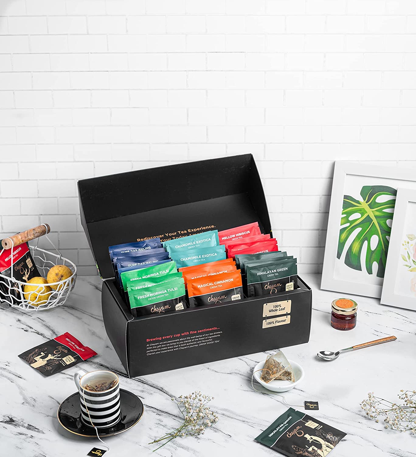 CHAYAM Assorted Tea Bags Gift Set | 48 Tea Bags, 96g | Premium Wellness Tea Gift Box – 6 Flavours: Chamomile, Turmeric, Cinnamon, Tulsi Moringa, Hibiscus | Gift for Corporates, Wedding, Anniversary, Birthday