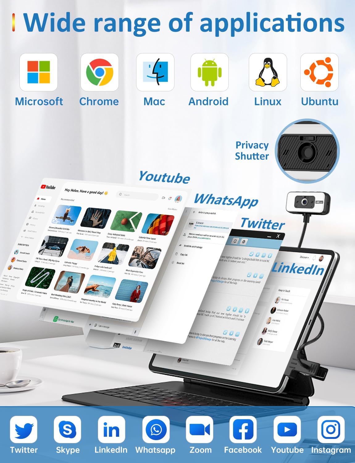 Webcam for PC, 4K Streaming Camera with Light, Web Camera for Desktop/Laptop Computer Webcam with Microphone, Plug and Play USB Web Cam with Bracket, for Live Streaming, Video Calls, and Meetings