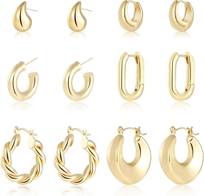 wgoud 6 Pairs Gold Hoop Earrings for Women,14K Gold Plated Lightweight Chunky Open Teardrop Hoops for Women,Trendy Gold Twisted Huggie Hoop Earrings