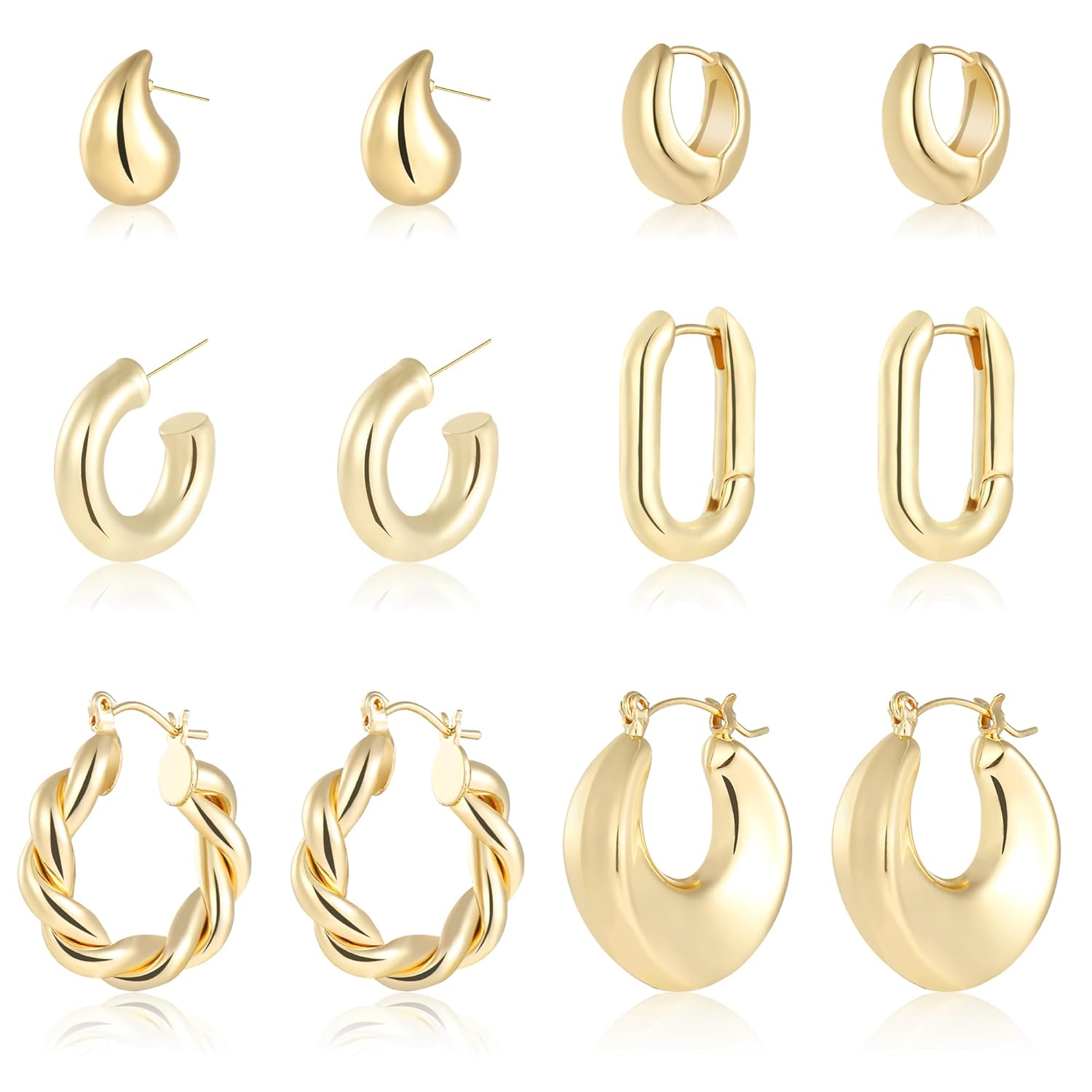 wgoud 6 Pairs Gold Hoop Earrings for Women 14K Gold Plated Lightweight Chunky Open Teardrop Hoops for Women