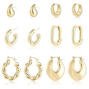 wgoud 6 Pairs Gold Hoop Earrings for Women 14K Gold Plated Lightweight Chunky Open Teardrop Hoops for Women