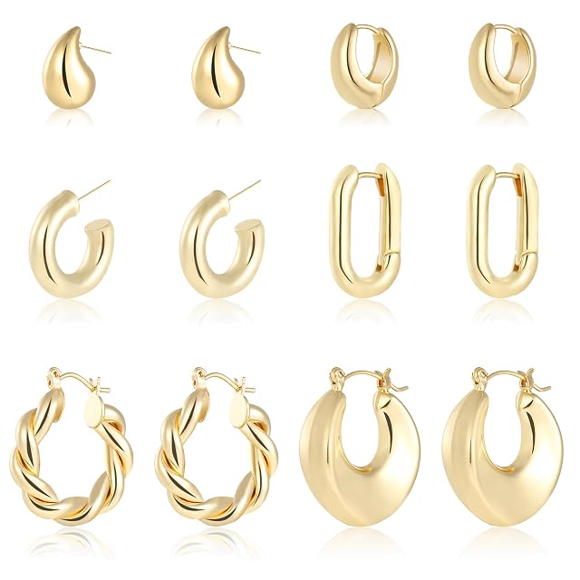 wgoud 6 Pairs Gold Hoop Earrings for Women 14K Gold Plated Lightweight Chunky Open Teardrop Hoops for Women
