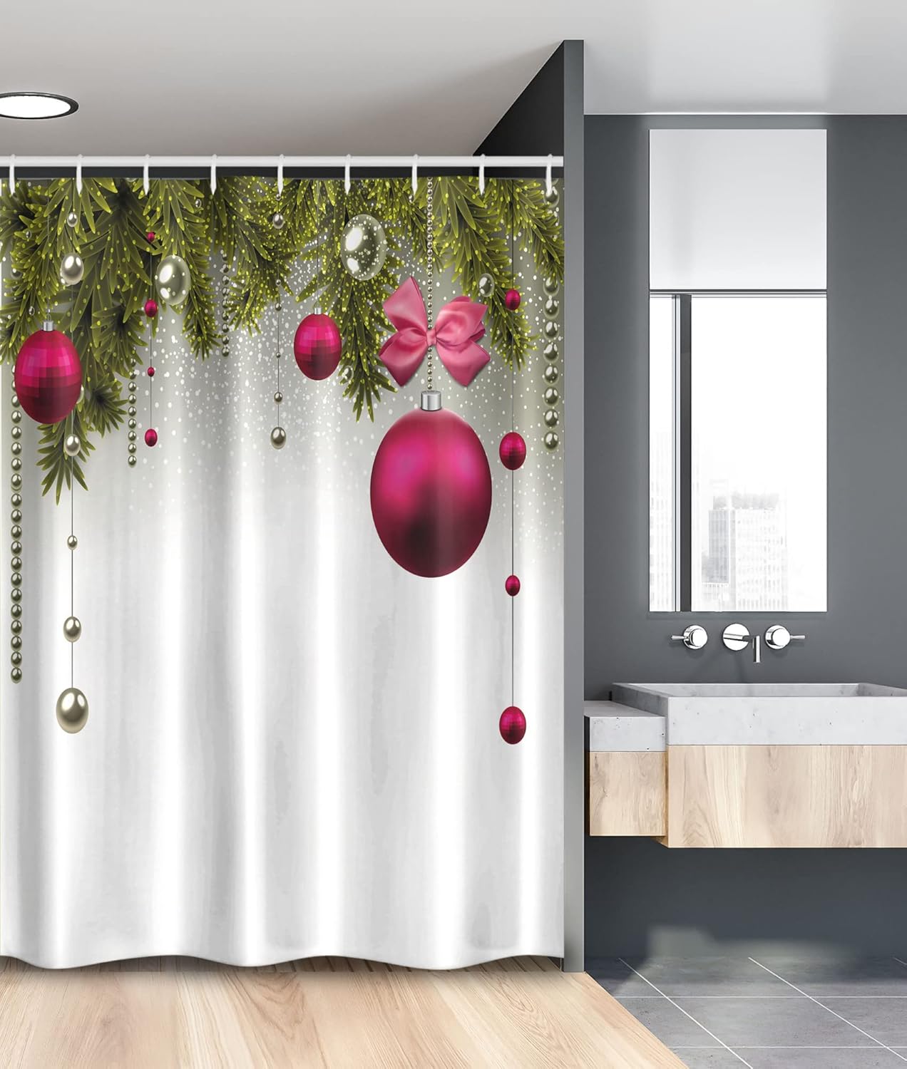 Ambesonne Christmas Stall Shower Curtain, Vivid Fir Twigs and Magenta Balls Framework Special Day Preparation, Fabric Bathroom Decor Set with Hooks, 54" W x 78" L, Magenta Olive Green Grey