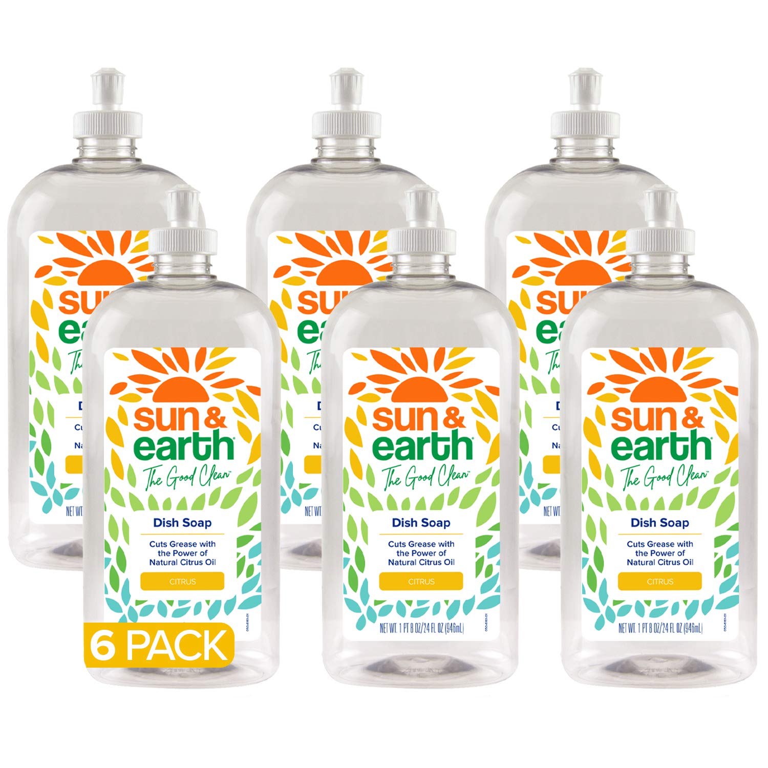Sun & Earth Dish Soap Liquid, 24 fl oz Pack of 6, All Natural Citrus Scent, Plant Based Ingredients, No Phosphates, Parabens or Sulfates