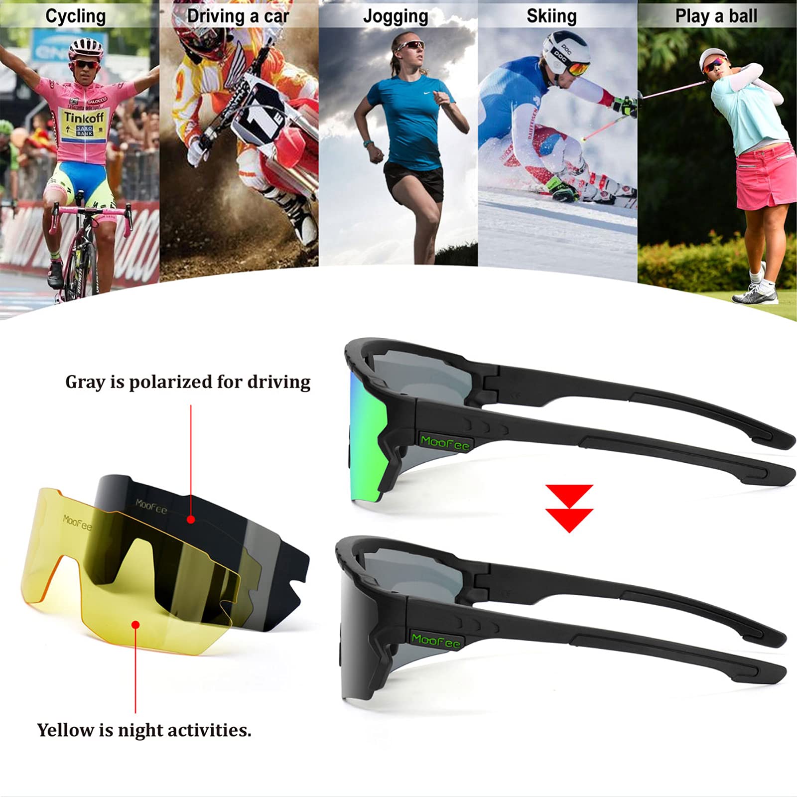 Occhiali da sole sportivi polarizzati con 3 lenti intercambiabili, da uomo e da donna, per ciclismo, guida, ciclismo, corsa, pesca (nero verde)