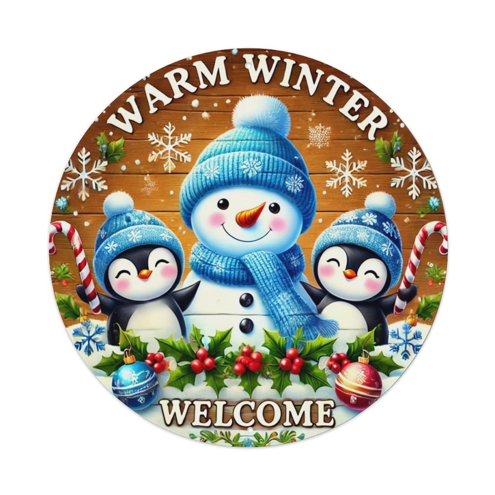 Warm Winter Welcome Snowman Penguins Tin Sign Metal Poster Vintage Metal Signs for Home Man Cave Bar Cafe Kitchen laundry room Wall Decorations 8x8 inches