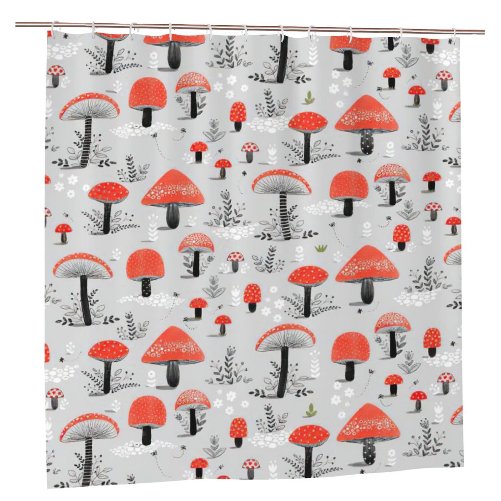 Rideau de douche anti-rouille à boutons-pression motifs champignons