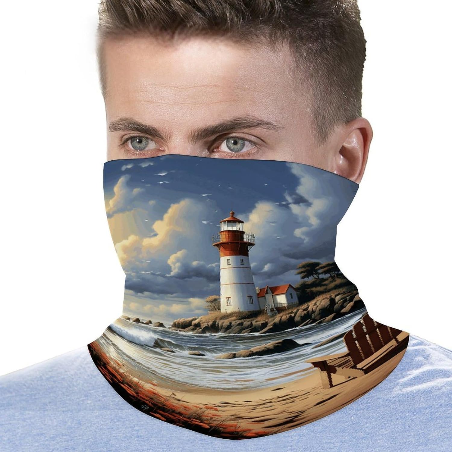 Sea Lighthouse Sandbeach Neck Gaiter Cooling UV Protection Bandana Gator Scarf Winter Neck Warmer Gaiter Windproof Ski Mask Scarf Windproof Face Mask Face Cover for Men Women