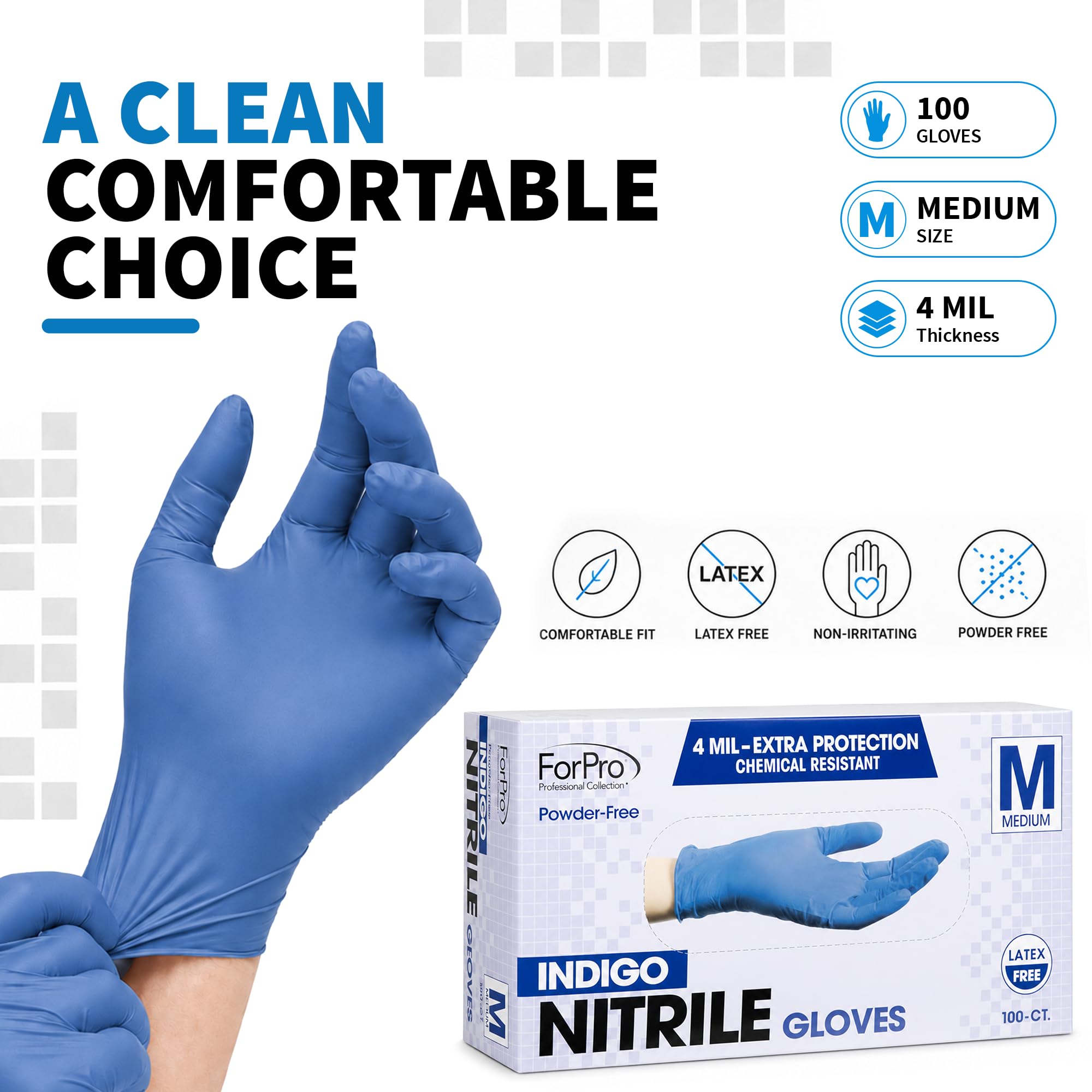 ForPro Professional Collection 100 guantes desechables de nitrilo, resistentes a los químicos, sin polvo, sin látex, no estériles, aptos para alimentos, 4 mm de grosor, índigo, talla M