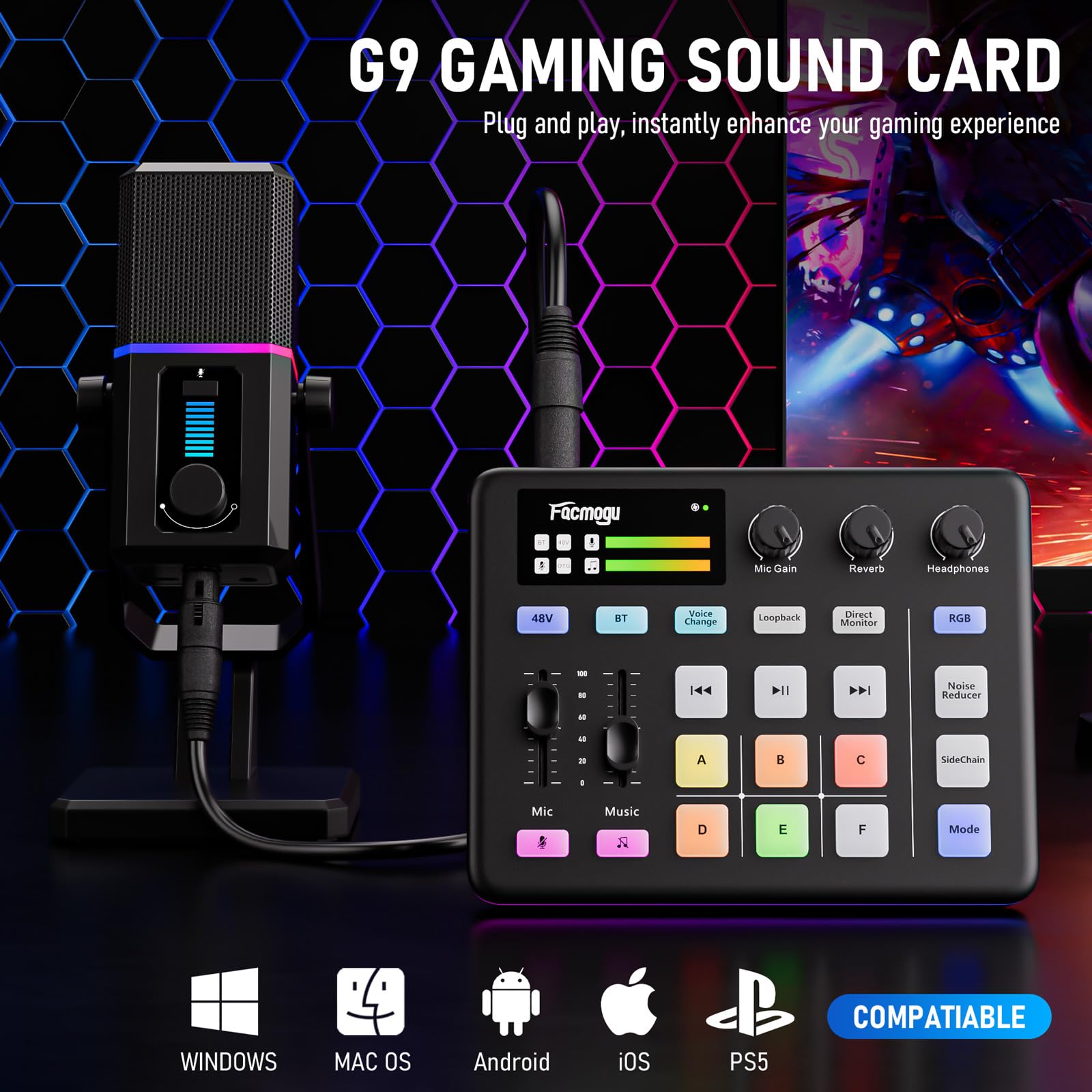 Facmogu G9 Gaming Audio Mixer, Audio Interface mit 3.5mm/XLR Mic In, RGB, Bluetooth, 48V Phantom Power, Voice Changer, Live Sound Card Board für Live Streaming, Podcast, Gaming - nicht für USB Mic