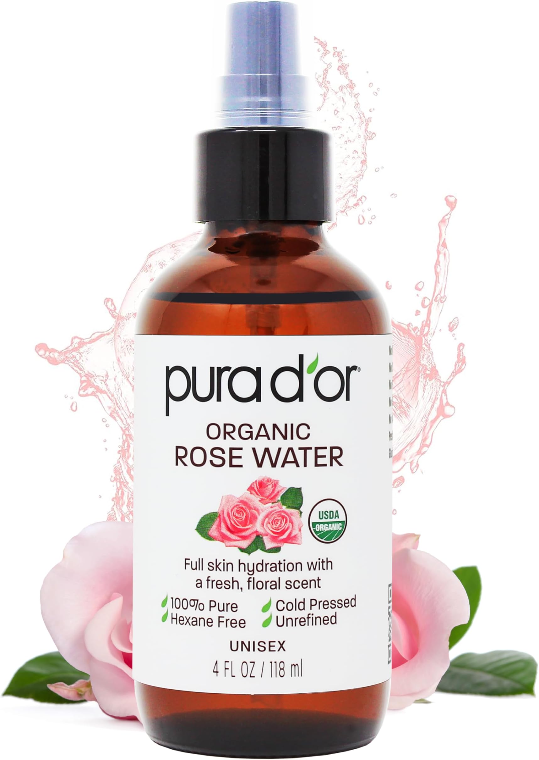 4 Oz Organic Rose Water Toner - USDA Certified 100% Pure Full Skin Hydration, Control Excess Oils- Cleanses & Softens - Promotes Healthy Skin - for All Skin Types (Packaging May Vary)