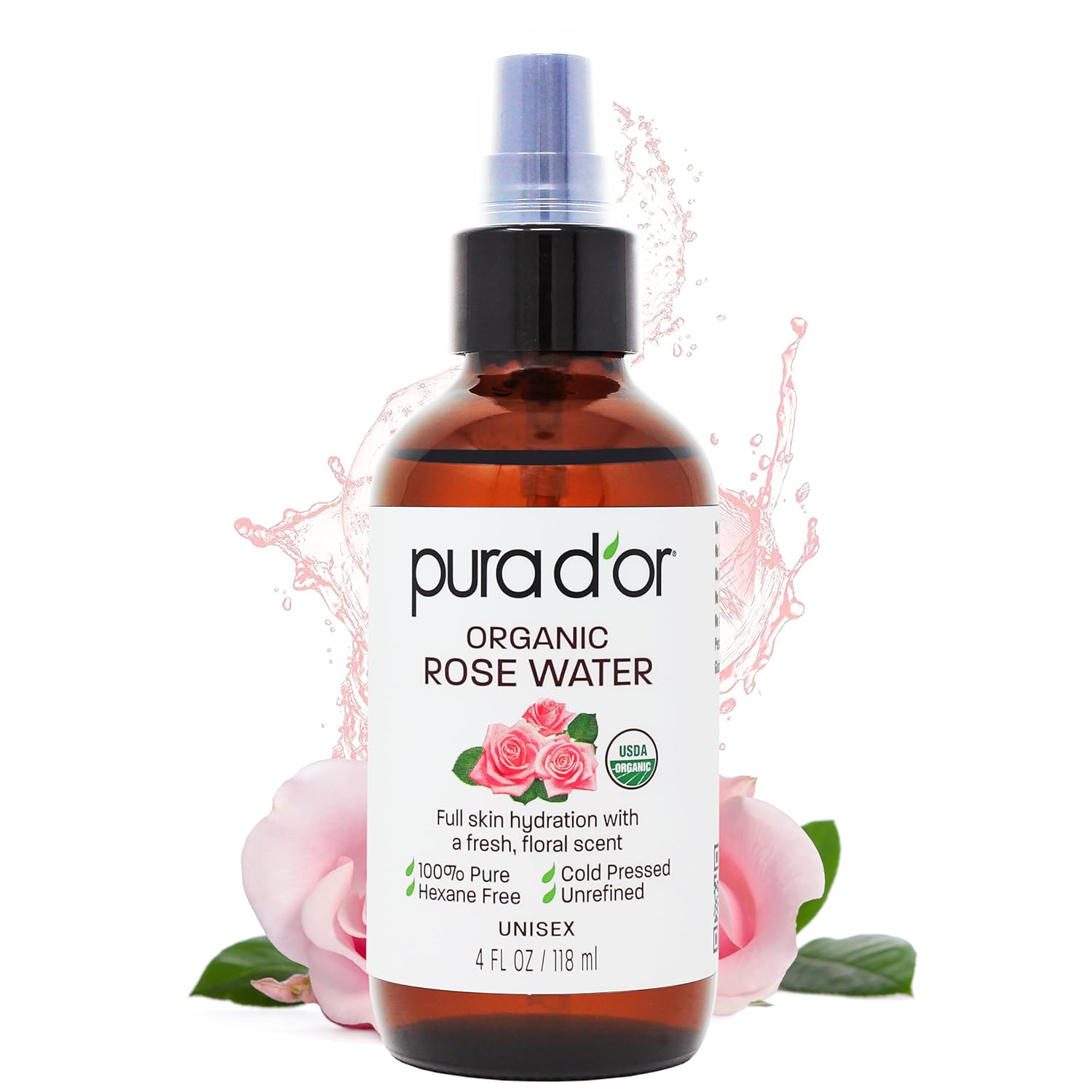 PURA D’OR 4 Oz Organic Rose Water Toner – USDA Certified 100% Pure Full Skin Hydration, Control Excess Oils- Cleanses & Softens – Promotes Healthy Skin – for All Skin Types (Packaging May Vary)