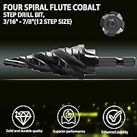 Vista 2 de Broca de cobalto M35 con cuatro flautas en espiral, 3/16 a 7/8 pulgadas (12 tamaños de paso), ideal para metal, acero inoxidable, madera, plástico