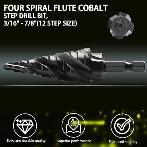 Miniatura 2 de Broca de cobalto M35 con cuatro flautas en espiral, 316 a 78 pulgadas (12 tamaños de paso), ideal para metal, acero inoxidable, madera, plástico,