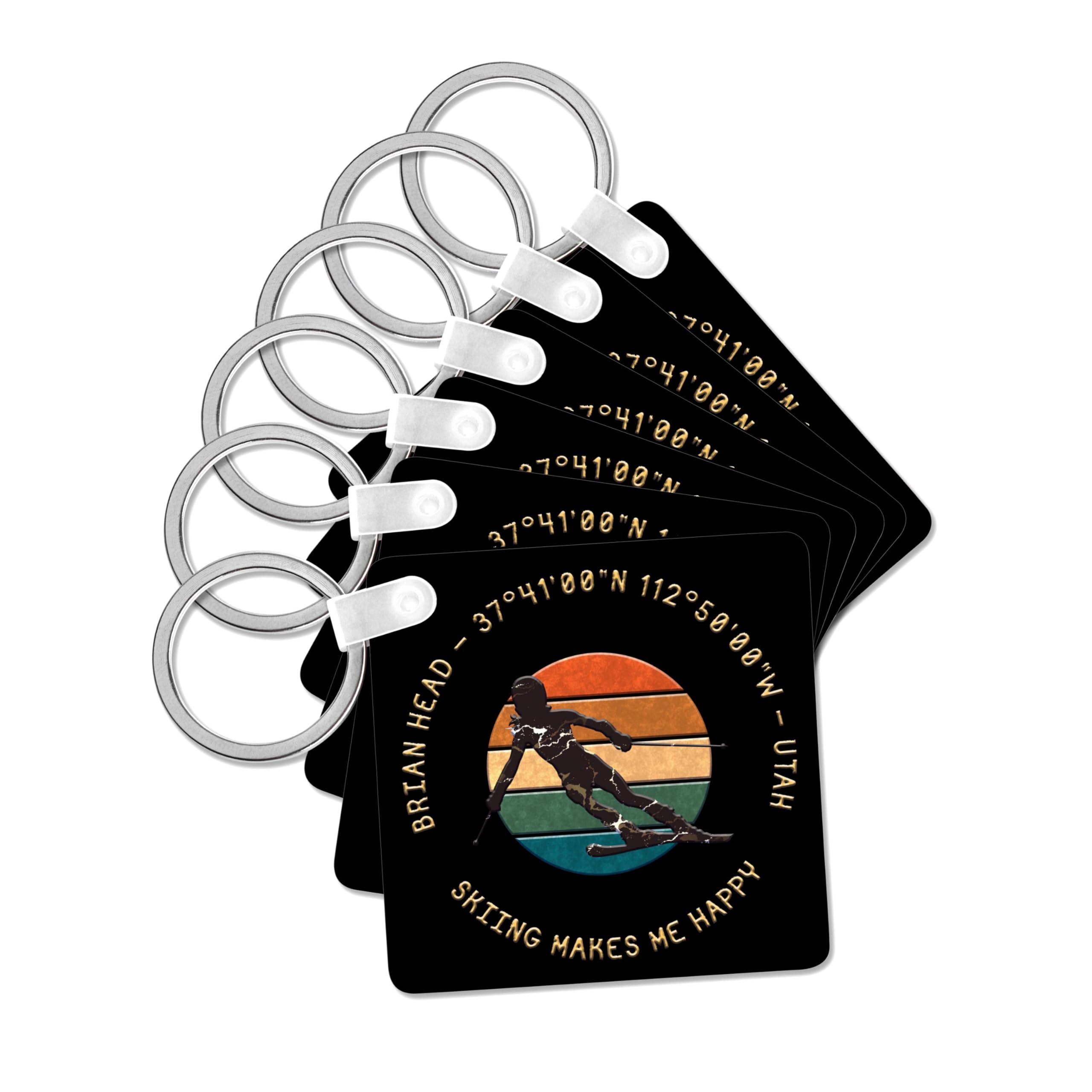 3dRose, Brian Head, Utah. Woman skier. Yellow, black. Downhill skiing gift, set of 6 Key Chains