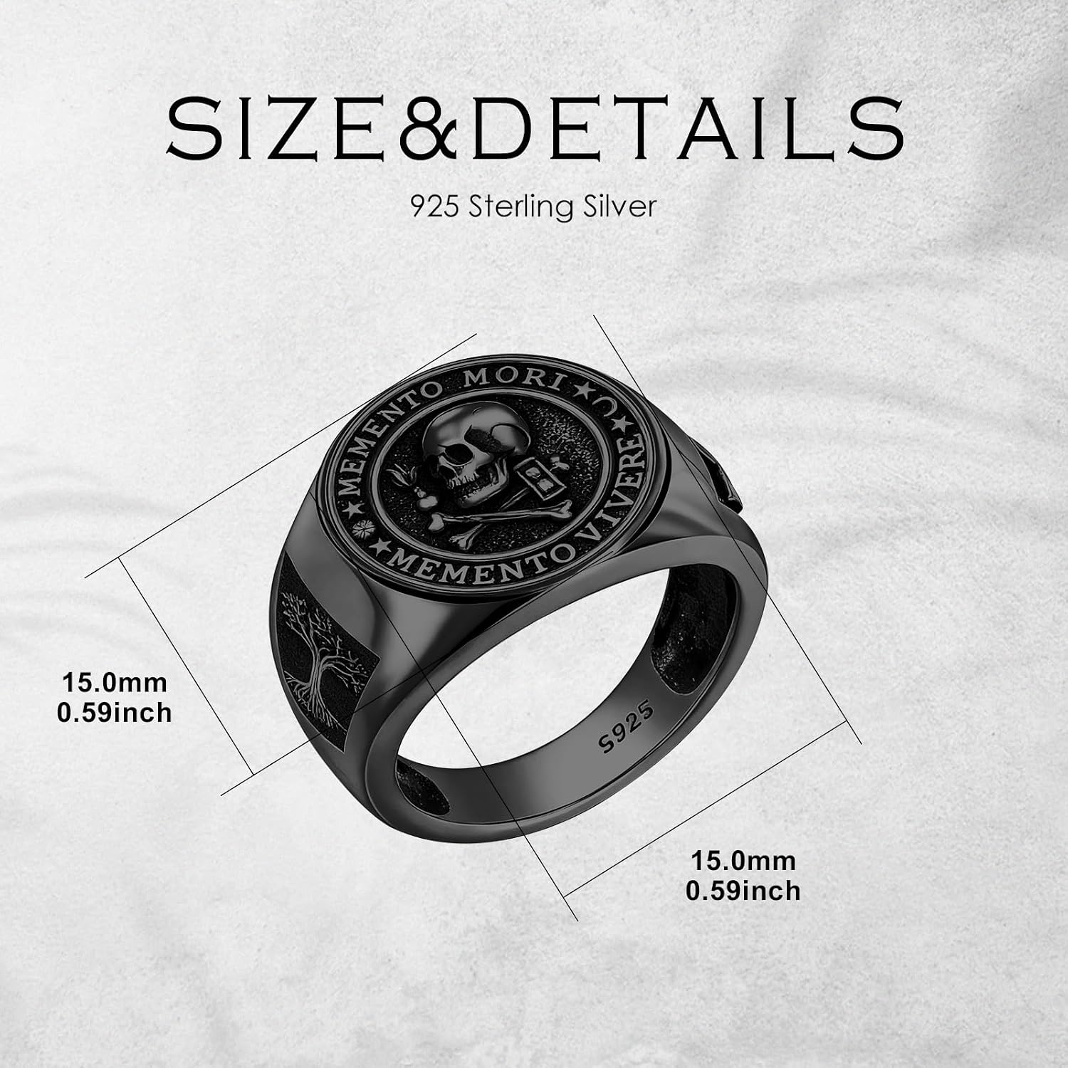 Memento Mori Ring 925 Sterling Silver Gothic Skull Signet Rings Tree of Life for Men Stoic Jewelry Memento Vivere Gifts