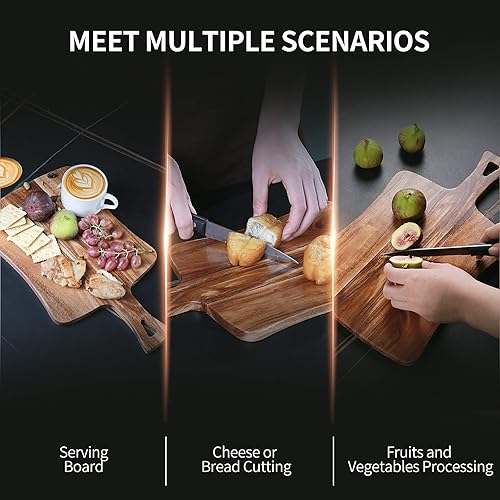 Miniatura 8 de YSTKC Tabla de cortar de madera de acacia con mango de 14 x 8.5 pulgadas, bandeja de madera para servir, paleta de charcutería, tabla versátil de