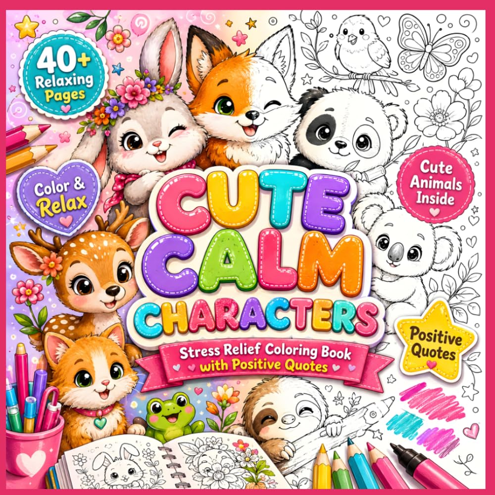 Cute & Calm Animal Characters Coloring Book: Featuring Adorable Animals and Positive Quotes for Adults & Teens | Stress Relief & Relaxation