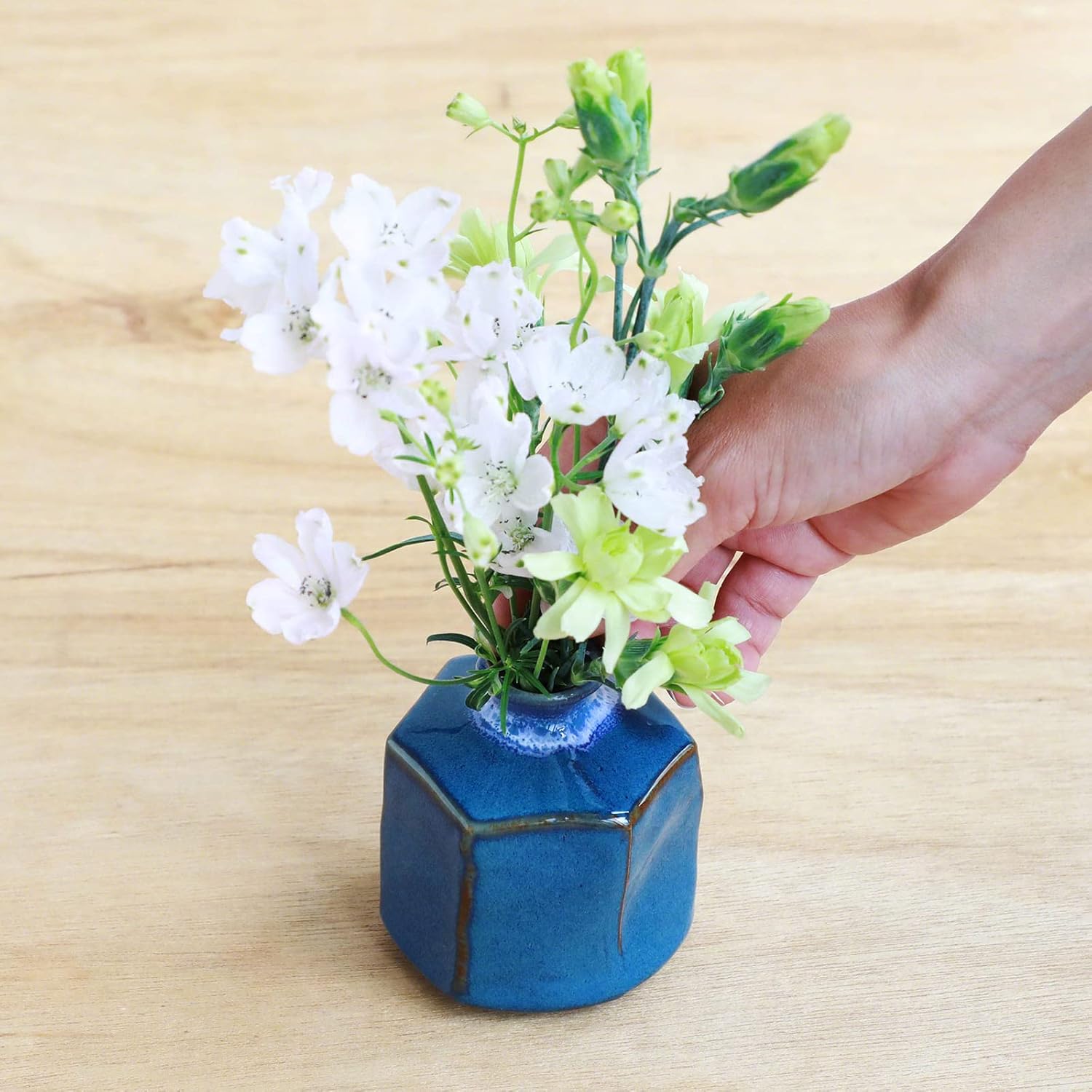Wazakura Minoyaki Ceramic Small Ikebana Flower Bud Vase Made in Japan, Handpainted Floral Arrangement Pottery Supplies Hexagon Shaped Blue Vase - Hexagon Shaped Blue Vase